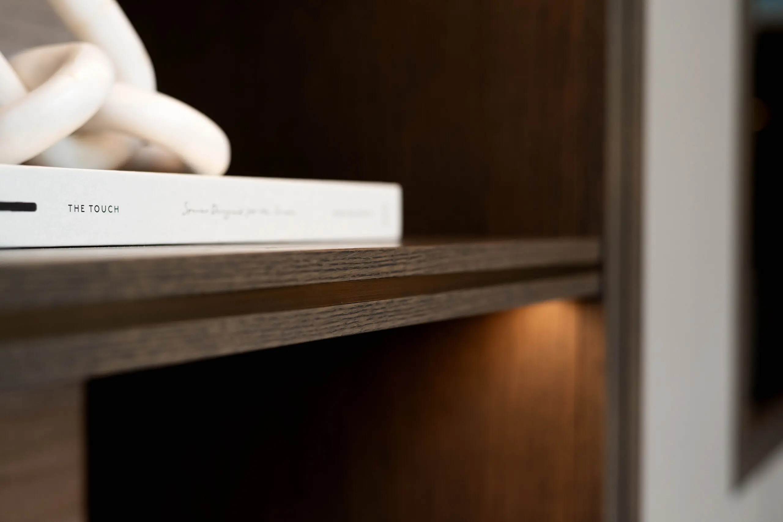 A close-up of a wooden shelf featuring a brass inlay within it's structure. A minimalistic aesthetic. A book titled "The Touch" lies on the shelf, partially covered by a white chain decor.
