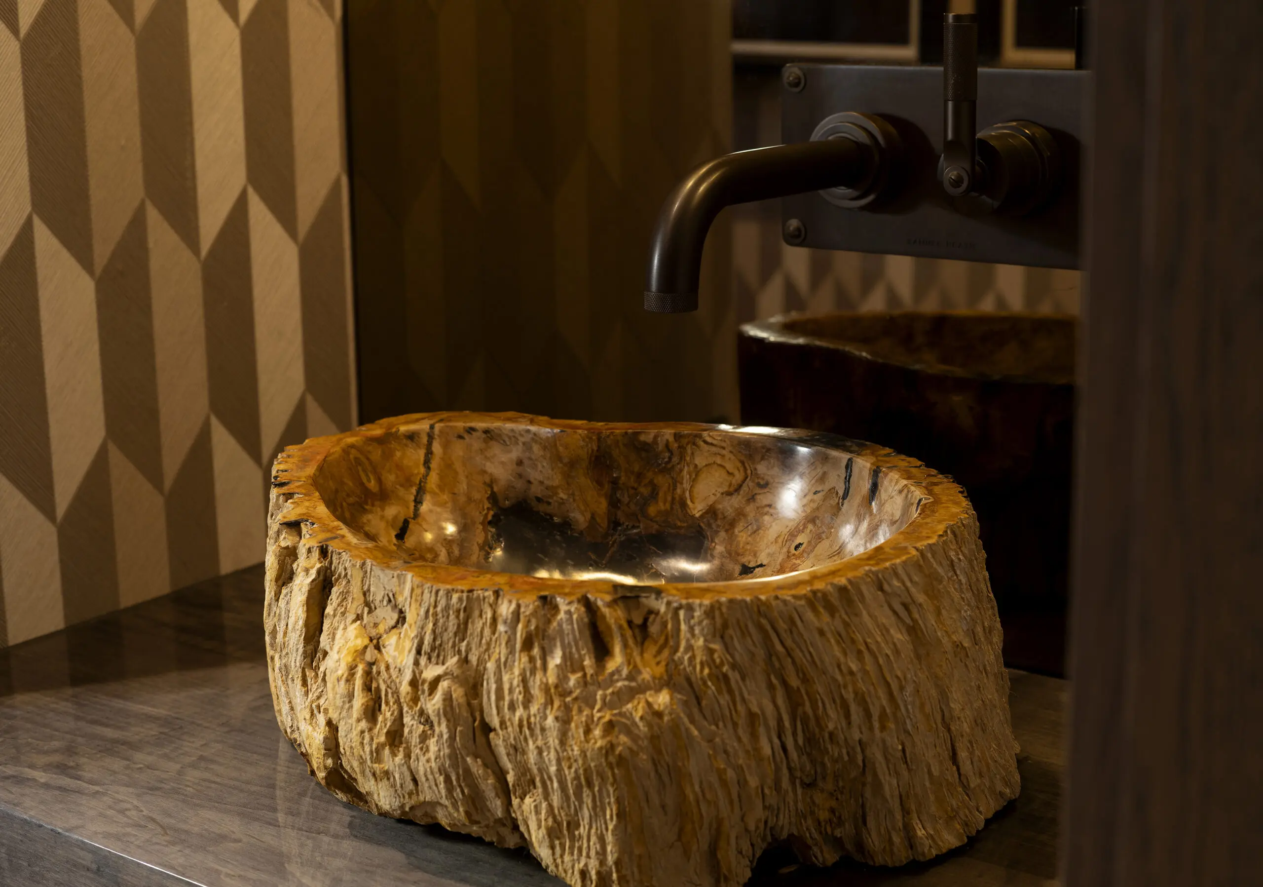 A sink carved from petrified wood with a rough, textured outer surface and a smooth polished basin sits on a dark countertop. A matte black wall-mounted faucet extends above it, with a geometric patterned wall in the background.