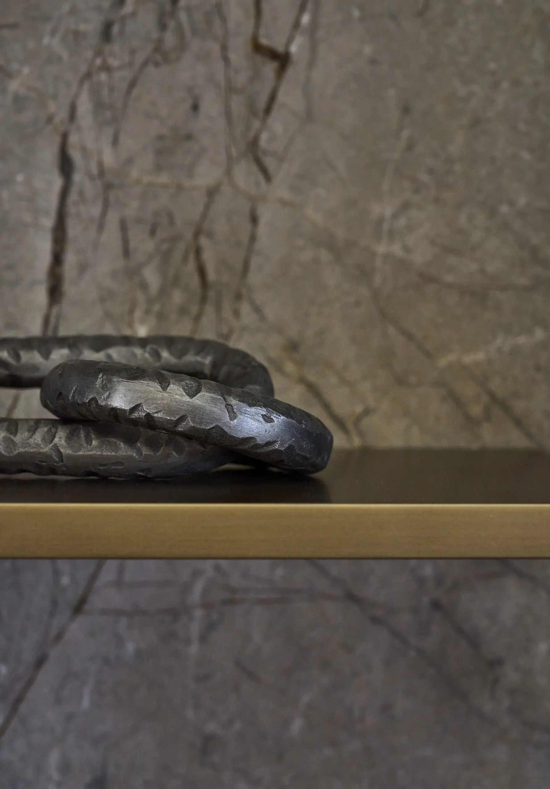 A textured, snake-like gray sculpture on a smooth, golden-brown shelf against a cracked stone wall, conveying a modern and earthy aesthetic.